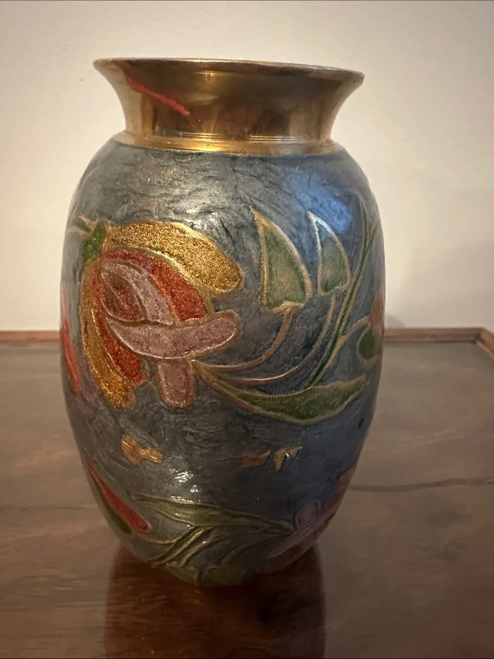 Vintage India Brass-Enamel Floral Vase in Blue and Gold